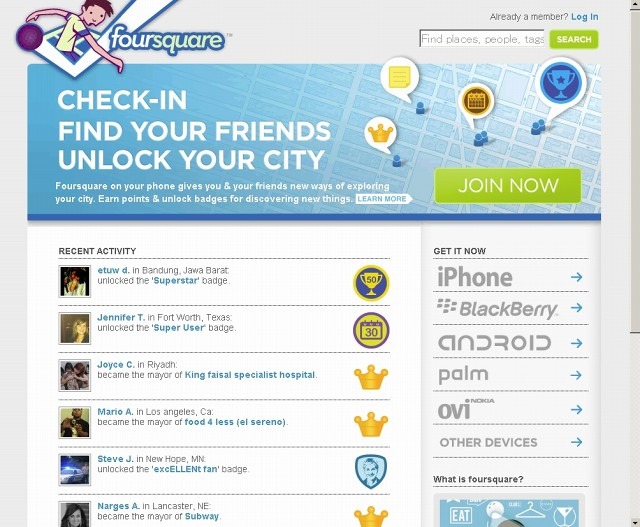 位置情報サービス「foursquare」サイト（画像）