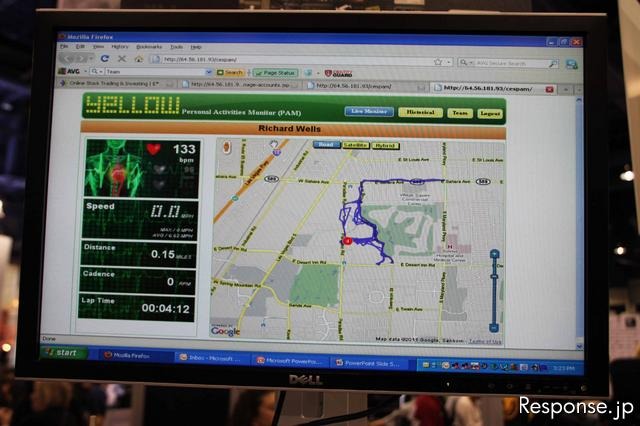 【CES 11】 PC上では、自転車で走行する人の状態をリアルタイムで表示。脈拍や速度、目的地までの距離などを表示。地図上には走行した場所の経路も表示されていた