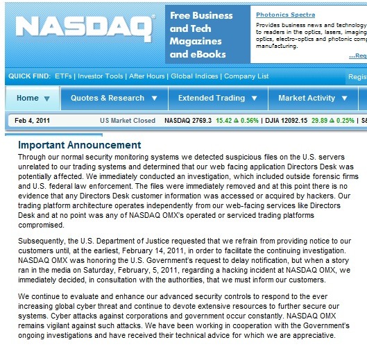 米NASDAQ、システムがハッキングされた可能性を公表