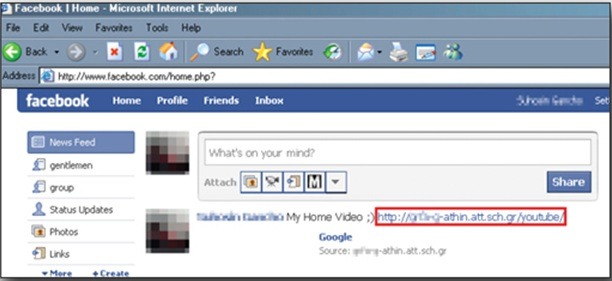 図1：「My Home Video」と本文に記載したFacebookのメッセージ（URL は YouTube に偽装） 