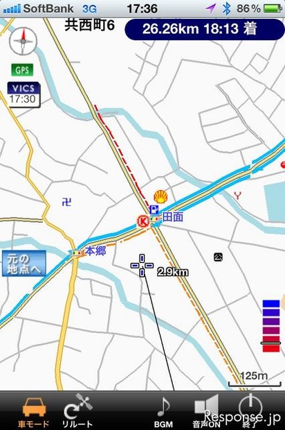 ユビークリンク　 郊外では裏道の情報は殆ど無く、幹線道路のみとなる。この画像はリアルプローブ情報があるところを選んだが、全体としてはVICSのほうが圧倒的に多い。