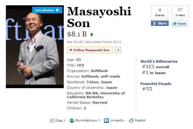 日本からはソフトバンクの孫正義社長が113位でランクイン