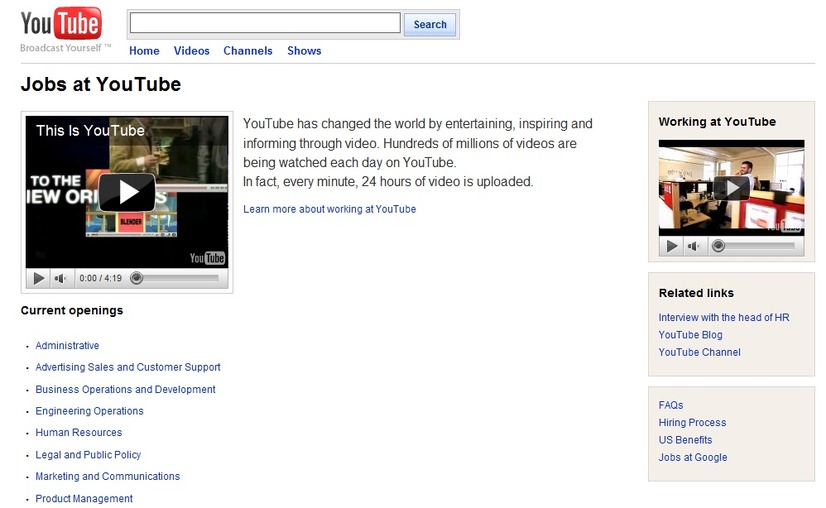 YouTubeの採用ページ