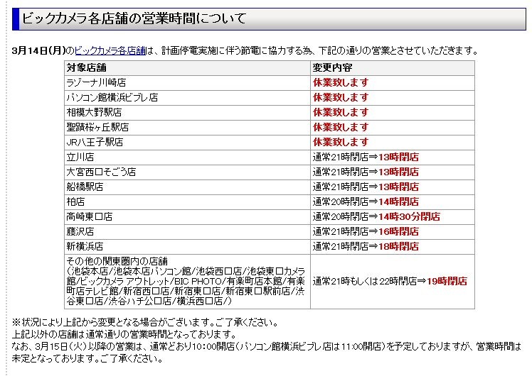 ビックカメラ店舗営業状況