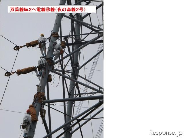 放射線量を管理しながら、高圧線「夜の森線」の電線を「双葉線」へと移設する 提供＝東京電力