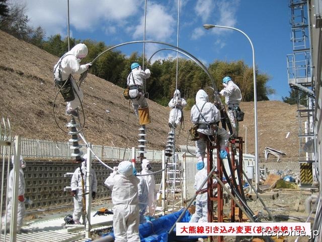 6,600ボルトの高圧線「大熊線」を引き込み、ミニクラ車につなぎ込む様子 提供＝東京電力