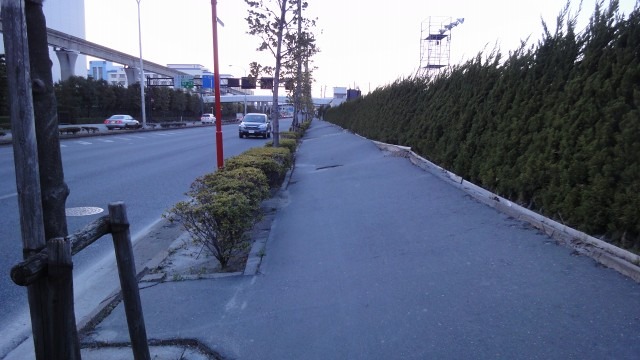 大きく傾いた歩道。写真の印象以上で、歩いたりするのは困難だった