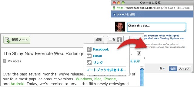 Facebook、電子メール、あるいはインスタントメッセンジャーでの個別ノート共有