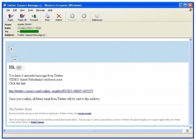 Twitterからのメールを装ったスパム