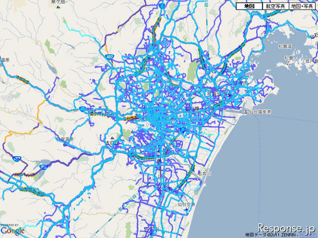 ユービークリンク 4月11日までの通れた道路状況（写真：PC サイト仙台市周辺の閲覧画面）