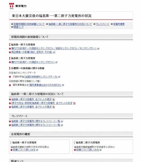 「東日本大震災後の福島第一・第二原子力発電所の状況」サイト（画像）