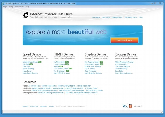 「IE10 Platform Preview」トップ画面（サイトは「Internet Explorer Test Drive」サイトトップページ）