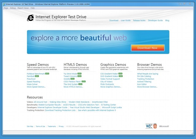 「IE10 Platform Preview」トップ画面（サイトは「Internet Explorer Test Drive」サイトトップページ）