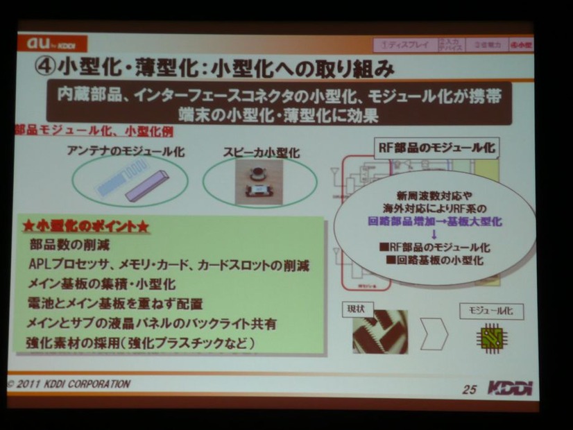 基本機能についての改善点。小型化・薄型化への取り組みは、部品点数の削減はもちろんのこと、部品を集約するモジュール化、メイン基板やインターフェイスの小型化が重要