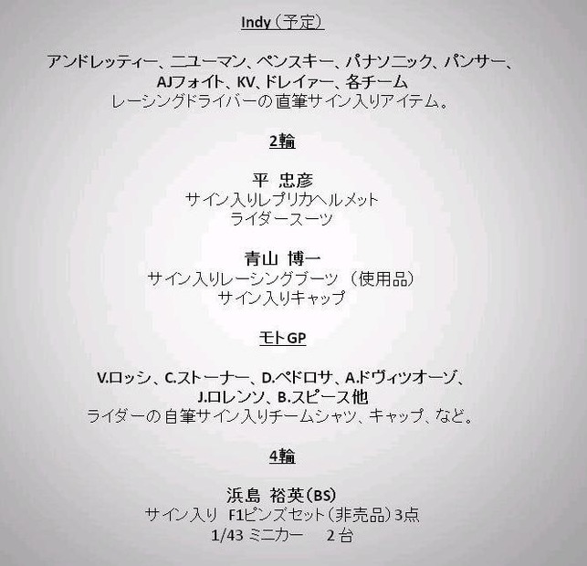 オークション出品リスト。国内外のレース関連グッズが並ぶ