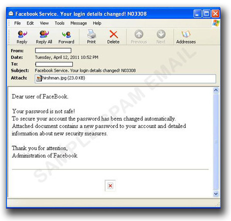 図3：「あなたの Facebook のパスワードは安全ではありません」とユーザを不安に陥れるスパムメール 