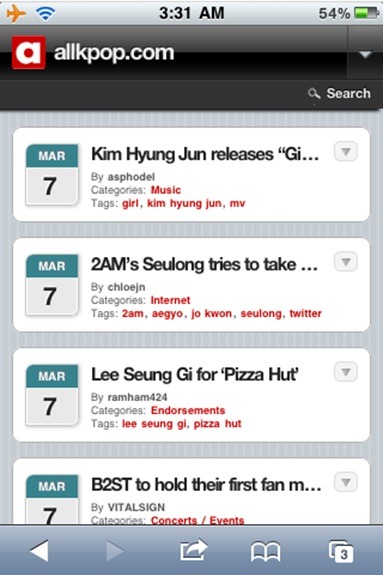 （韓国国外で）テストした、AllKpop.comのモバイルサイト