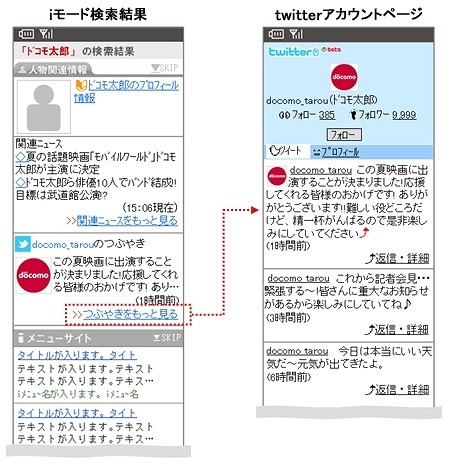 iモード検索結果にリアルタイムなツイートやTwitterコンテンツを表示