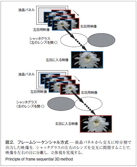 図2．フレームシーケンシャル方式̶ 液晶パネルから交互に時分割で出力した映像を、シャッタグラスの左右のレンズを交互に開閉することで、映像を左右の目に分離し，立体視を実現する。