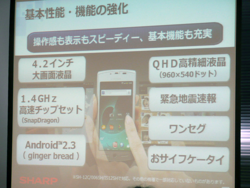 4.2インチ大画面、QHD高精細液晶、1.4GHzの高速チップセット、Android2.3、ワンセグ、おサイフケータイなどの基本スペック＆機能も充実