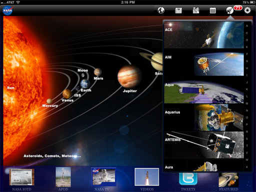 NASAのiPadアプリ：　ドロップダウンメニューが開かれた状態のホーム画面。