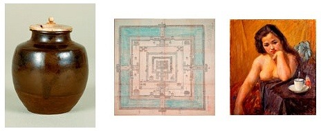 【左】「漢作　肩衝茶入　新田」（13世紀）重要美術品【中】「祇園精舎図（アンコールワット図）」（1715年）【右】「女」中村彝画（1911年）