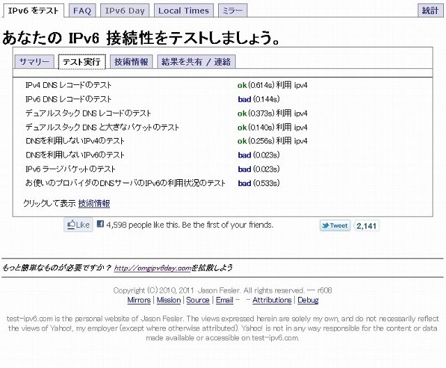 「あなたのIPv6をテストしましょう」のテスト実行ページ