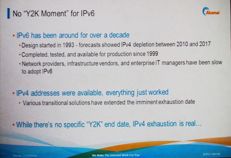 今後10年くらいはIPv4とIPv6の混在環境が続くが、I研究やテストも進んでおり、移行はゆっくり行われるので、Y2Kのようにはならない