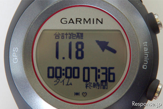 コース機能の表示画面。この画面の他に、進むべき方向を大きな矢印で知らせるコンパス画面もある。
