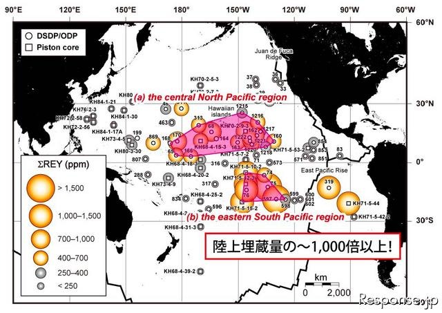 高濃度レアアース資源泥の推定分布海域と推定資源量