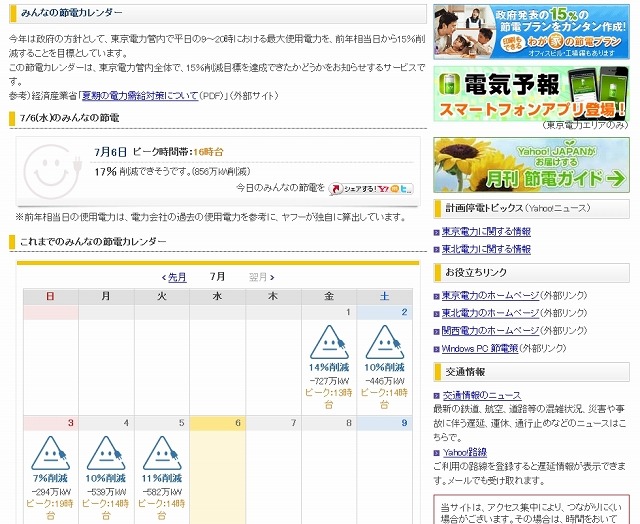 「みんなの節電カレンダー」サイト（画像）