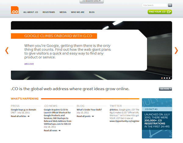 Googleの「g.co」ドメイン取得をトップページで告知する.CO Internet公式サイト