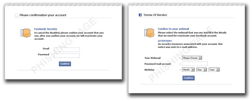 図2：メールアドレスとパスワード入力などが求められるフィッシングサイト（左）とフィッシングページ 