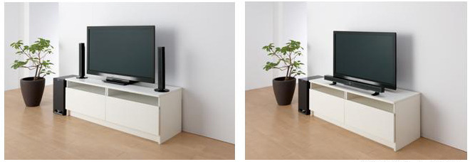 縦型（左）と横型（右）の選べるスタイルでテレビとの接続イメージ（テレビやラックは別売）