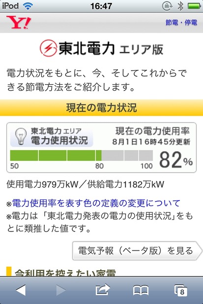 「電気予報（ベータ版）」東北電力エリア版の画面（モバイル版）