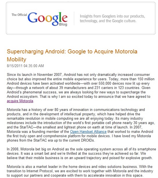 米グーグル（Google）は、米モトローラモビリティ（Motorola Mobility）を買収したと発表