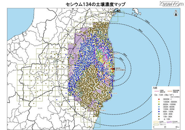 セシウム134の土壌濃度マップ