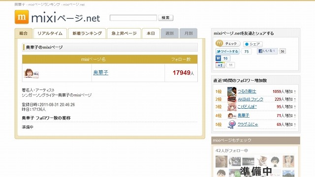 「mixiページ.net」各ページの紹介（9月2日現在、1位：奥華子のmixiページ紹介）