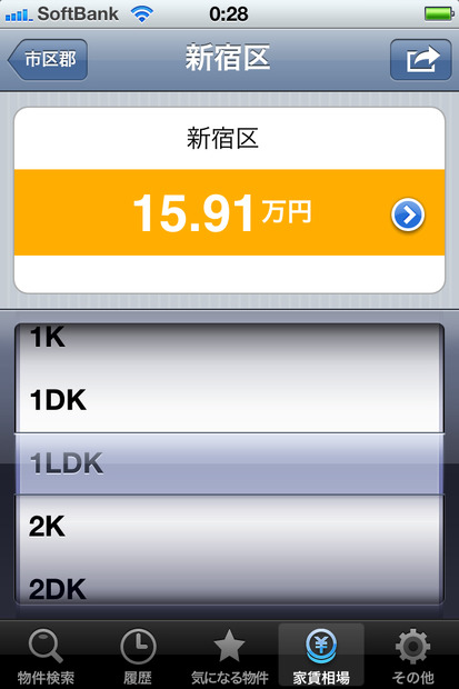 こちらはiOS版の家賃相場画面