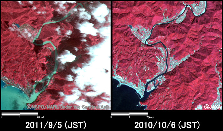 9月5日に観測されたフォルモサット・ツーと災害前の2010年10月6日に観測された陸域観測技術衛星「だいち」から作成した加工画像。河川が増水している様子と、土砂を含んだ河川の水が海に流れ込んでいる様子が確認できる