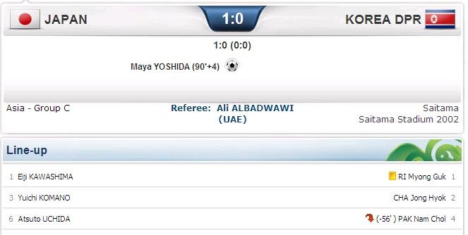 北朝鮮戦の得点者は訂正された