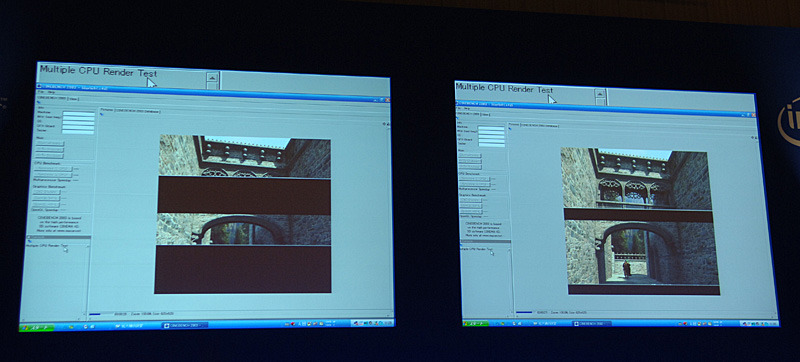 ベンチマークのデモも行われた。左がPentium D 960、右がCore 2 Duo E6700