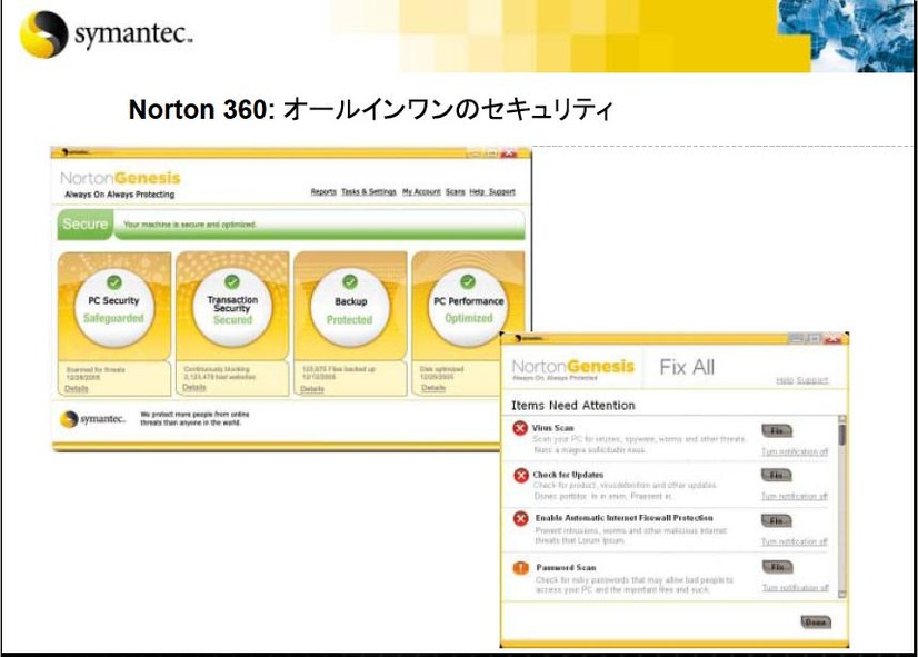 　シマンテックは、コンシューマー市場の製品戦略に関する記者説明会を開催した。製品戦略に加えて、同社が提唱するセキュリティビジョン「Security 2.0」の概念や、新セキュリティサービス「Norton 360」のサービス内容と方向性についての説明があった。