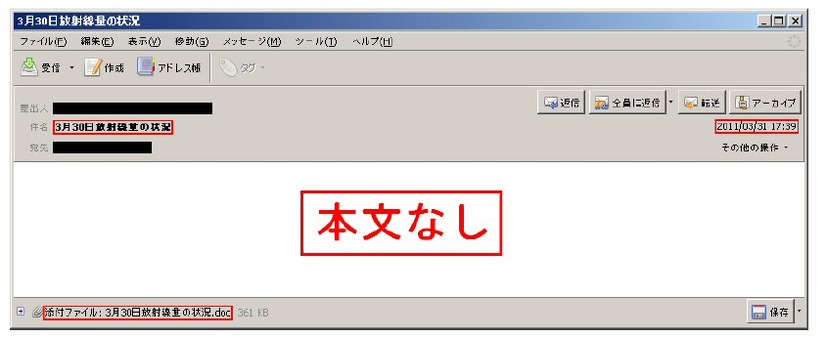 標的型攻撃メール。本文には何もかかれておらず、Wordファイルが添付されている。