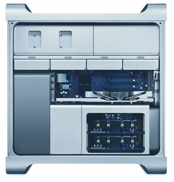 アップルコンピュータは、デスクトップワークステーション「Mac Pro」を発表した。「Power Mac」シリーズのCPUをIntelアーキテクチャーに置き換えたものだ。すべてのモデルでデュアルコアの「Intel Xeon」を2つ搭載し、クアッドコアを実現している。