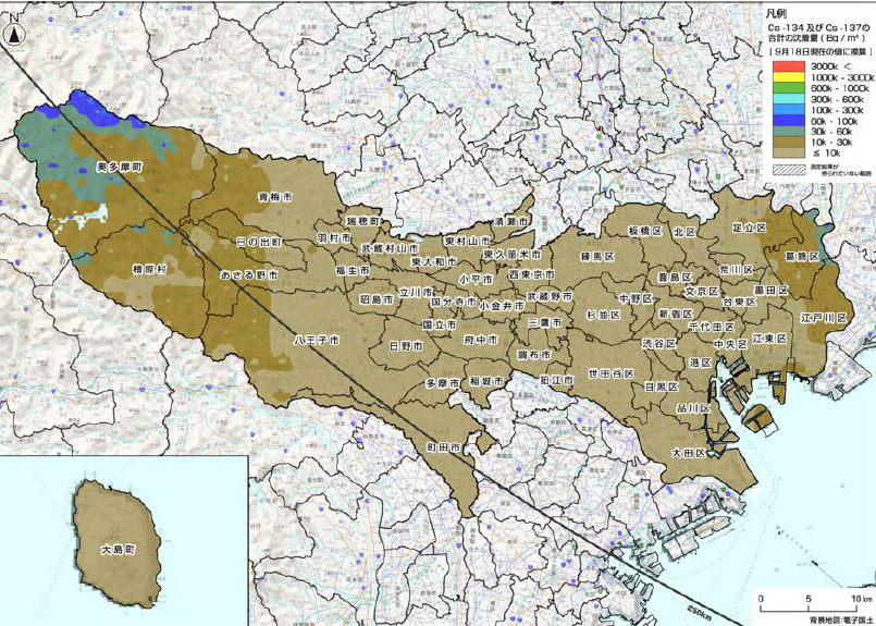 東京都内の地表面へのセシウム134、137の沈着量の合計