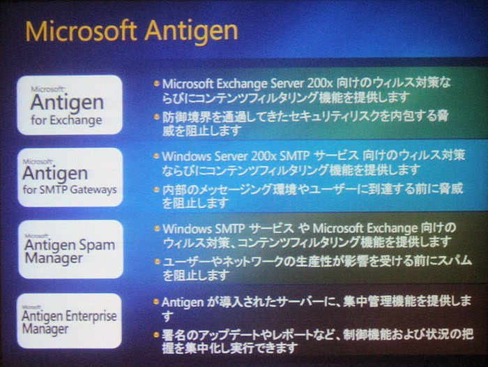 Antigenのファミリ。このほかにも、Antigen for SharepointやAntigen for Instant Messagingなど、メッセージング以外の製品もある