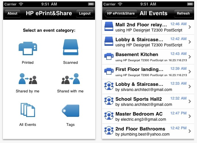 「HP ePrint & Share」アプリ画面
