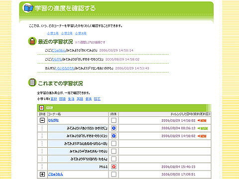 「キッズ学習サイト がくげいスタディパーク」の画面。いつ、どのコーナーを学習したかを細かく確認できる